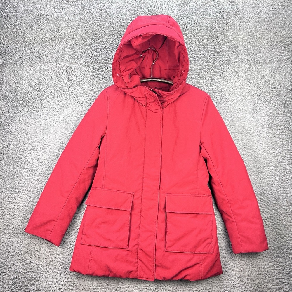Uniqlo Jacket Womens XS Red Down Puffer Parka Pockets Hooded Full Zip Outdoor